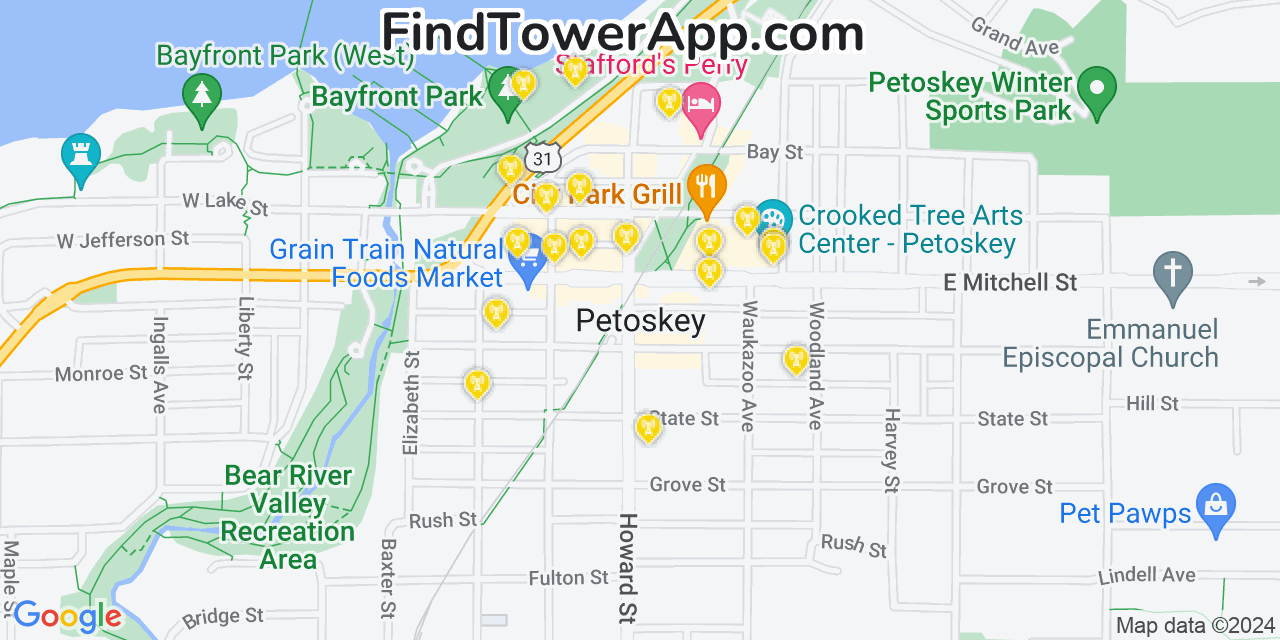 AT&T 4G/5G cell tower coverage map Petoskey, Michigan