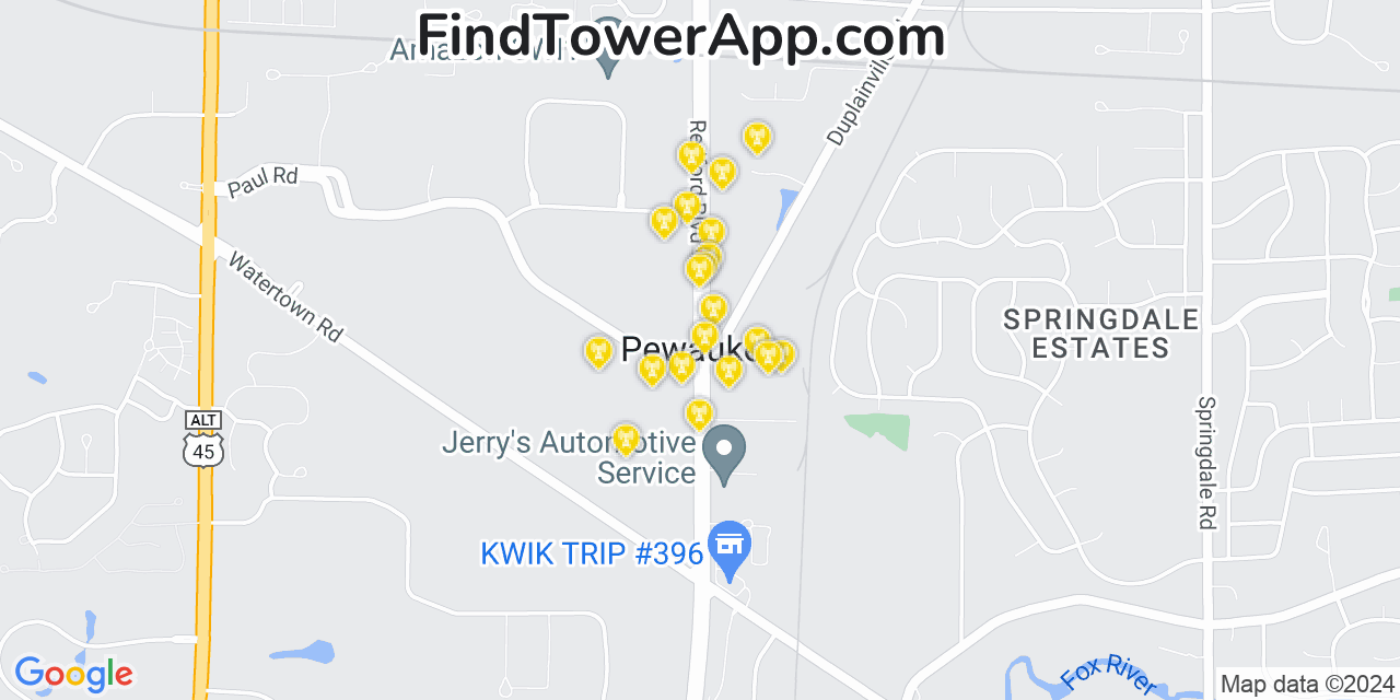 AT&T 4G/5G cell tower coverage map Pewaukee, Wisconsin