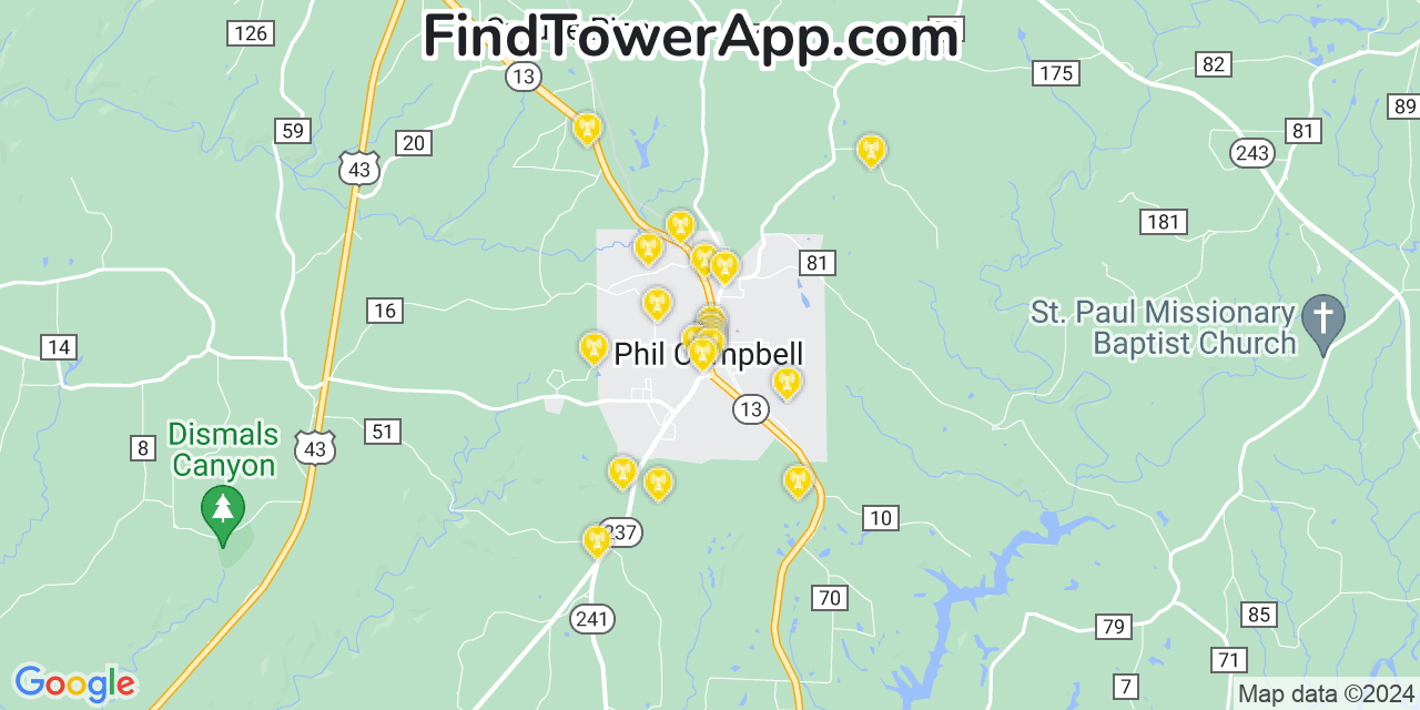 AT&T 4G/5G cell tower coverage map Phil Campbell, Alabama