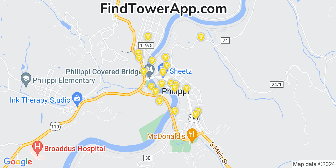 AT&T 4G/5G cell tower coverage map Philippi, West Virginia