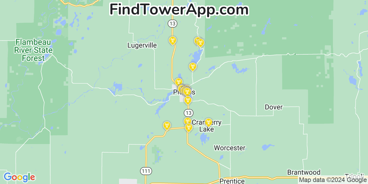 AT&T 4G/5G cell tower coverage map Phillips, Wisconsin
