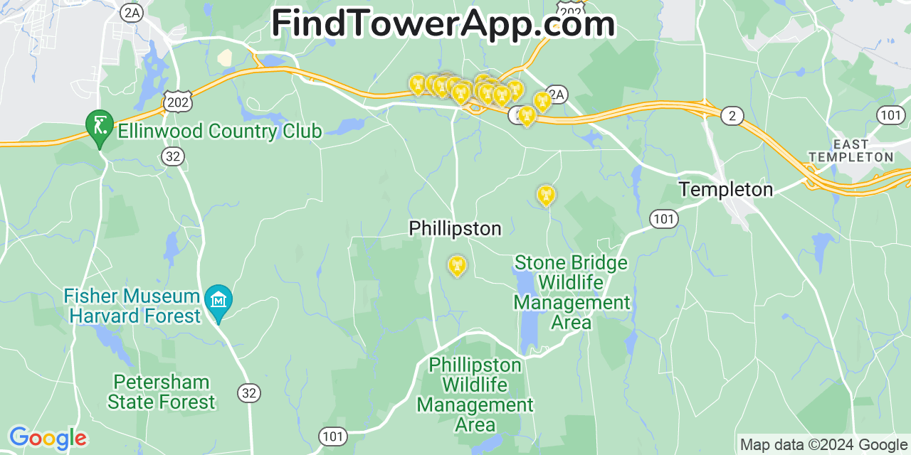 AT&T 4G/5G cell tower coverage map Phillipston, Massachusetts