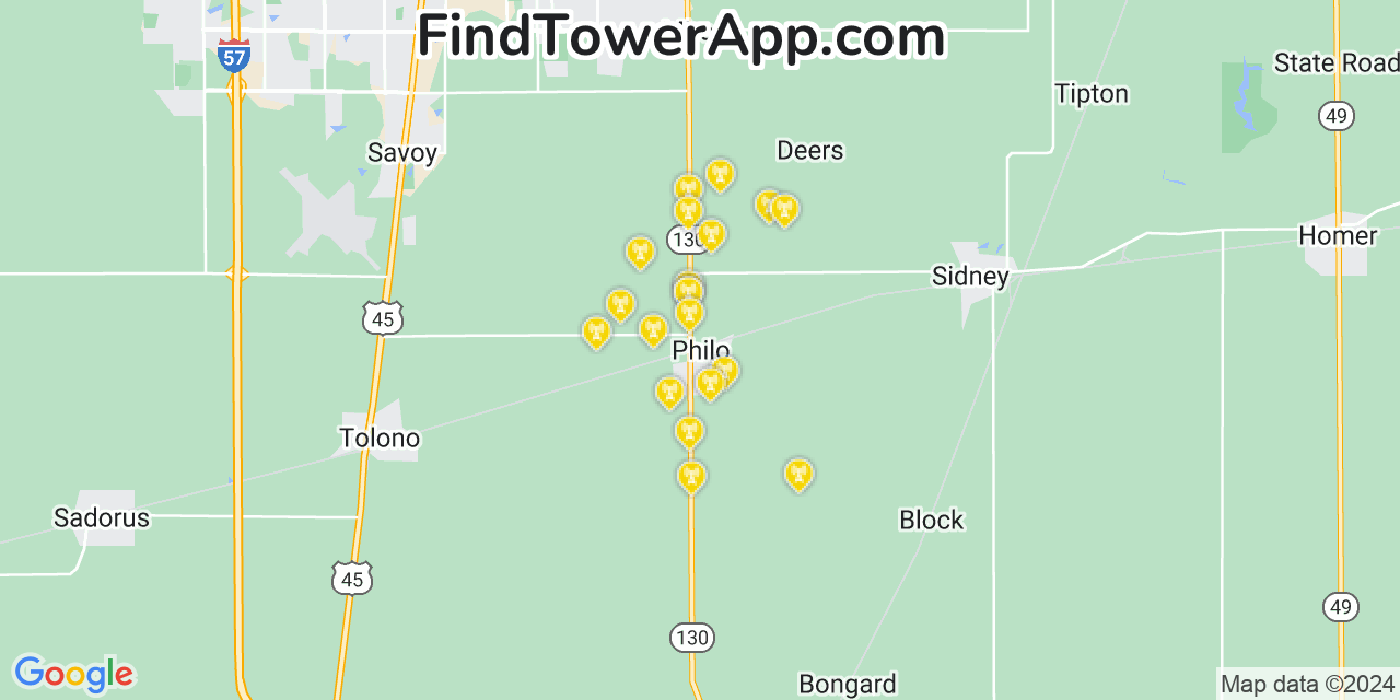 AT&T 4G/5G cell tower coverage map Philo, Illinois