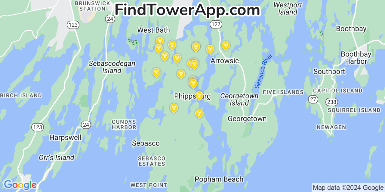 AT&T 4G/5G cell tower coverage map Phippsburg, Maine