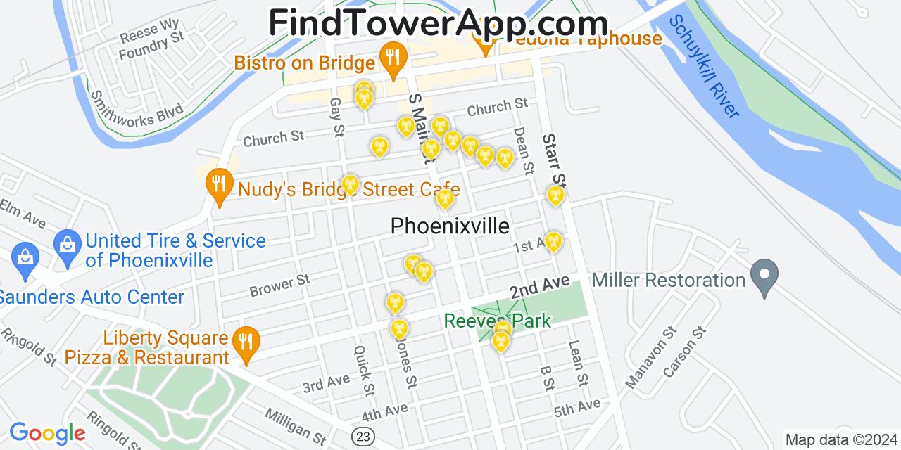 AT&T 4G/5G cell tower coverage map Phoenixville, Pennsylvania