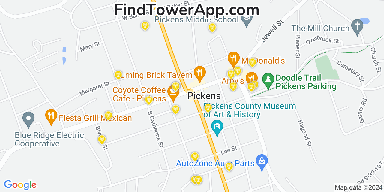 AT&T 4G/5G cell tower coverage map Pickens, South Carolina