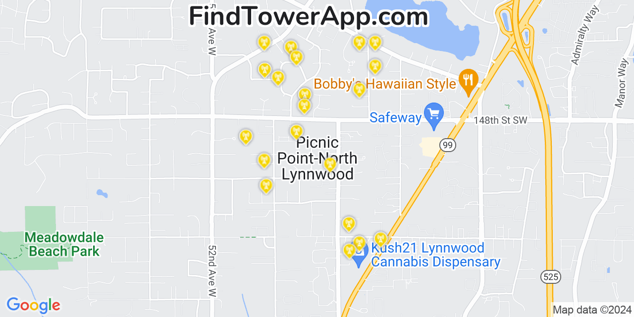AT&T 4G/5G cell tower coverage map Picnic Point North Lynnwood, Washington