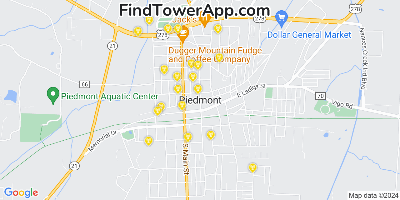 AT&T 4G/5G cell tower coverage map Piedmont, Alabama