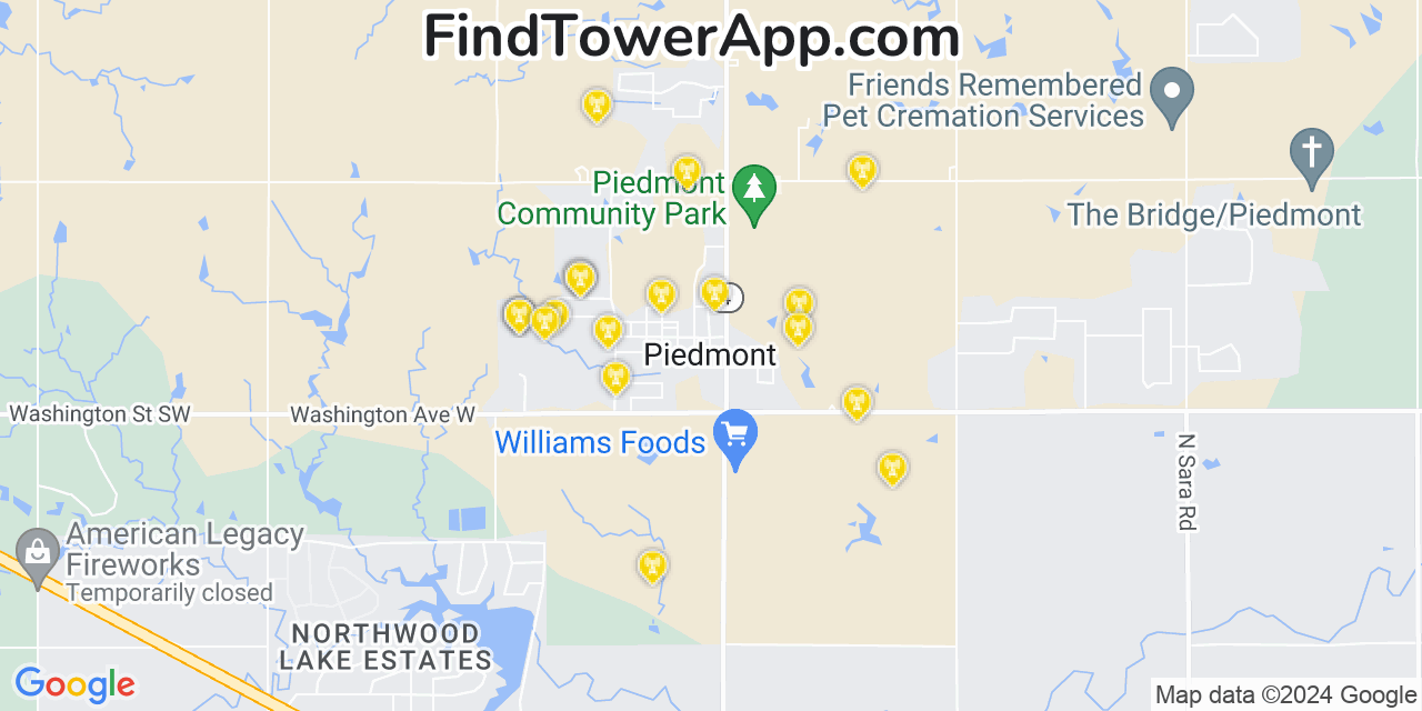 AT&T 4G/5G cell tower coverage map Piedmont, Oklahoma