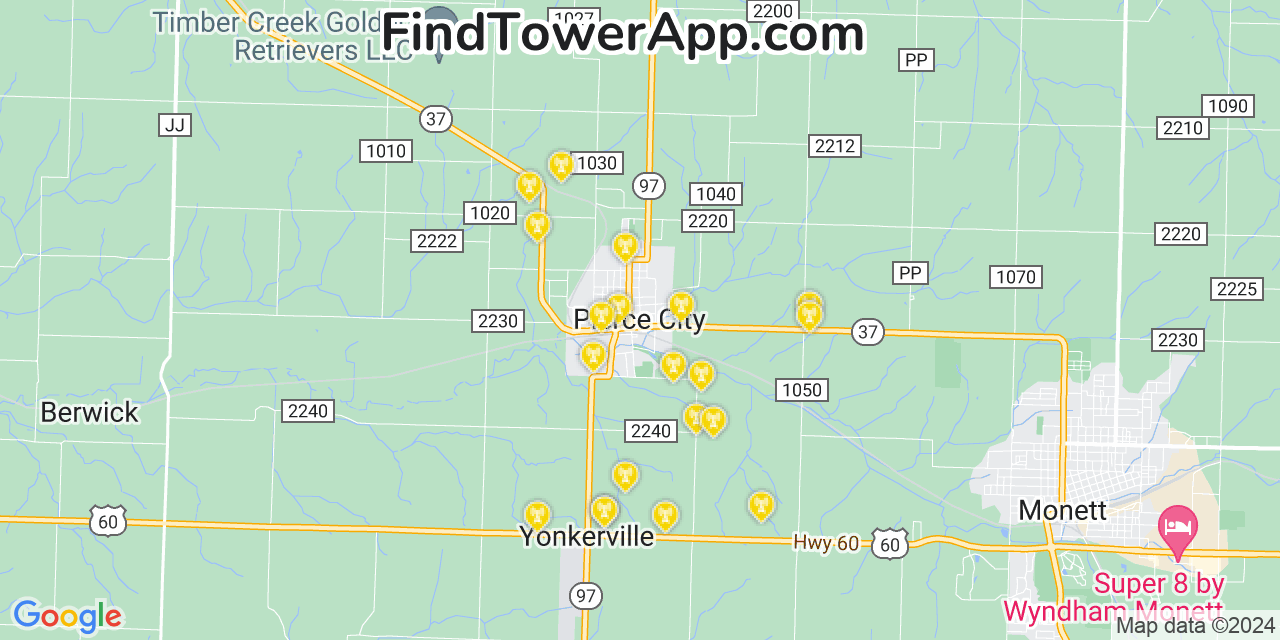 AT&T 4G/5G cell tower coverage map Pierce City, Missouri