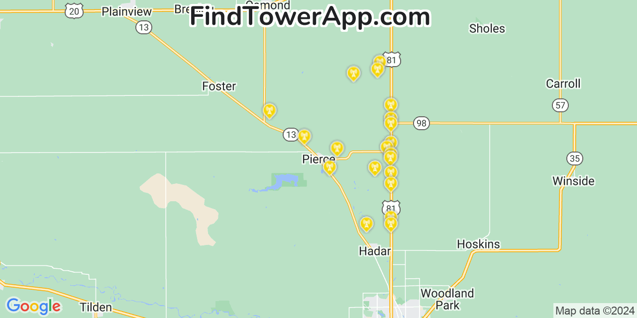 AT&T 4G/5G cell tower coverage map Pierce, Nebraska