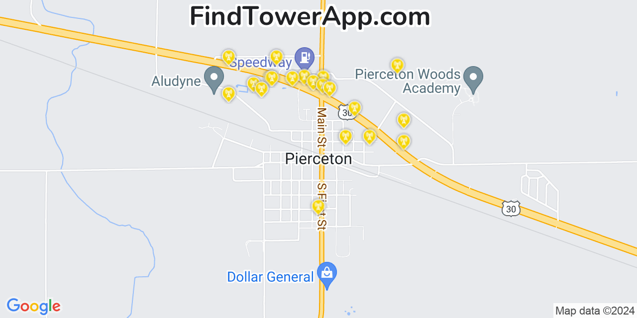 AT&T 4G/5G cell tower coverage map Pierceton, Indiana