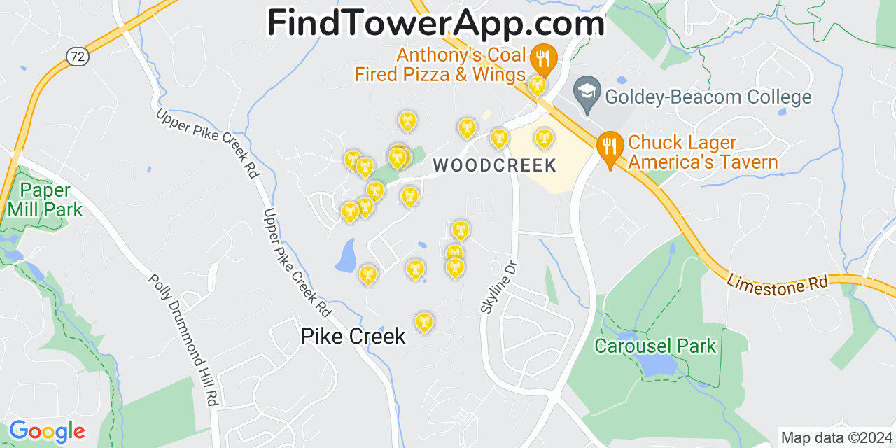 AT&T 4G/5G cell tower coverage map Pike Creek Valley, Delaware