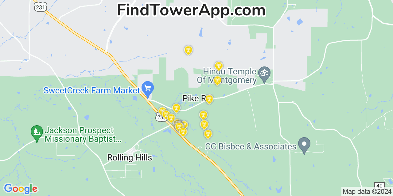 AT&T 4G/5G cell tower coverage map Pike Road, Alabama