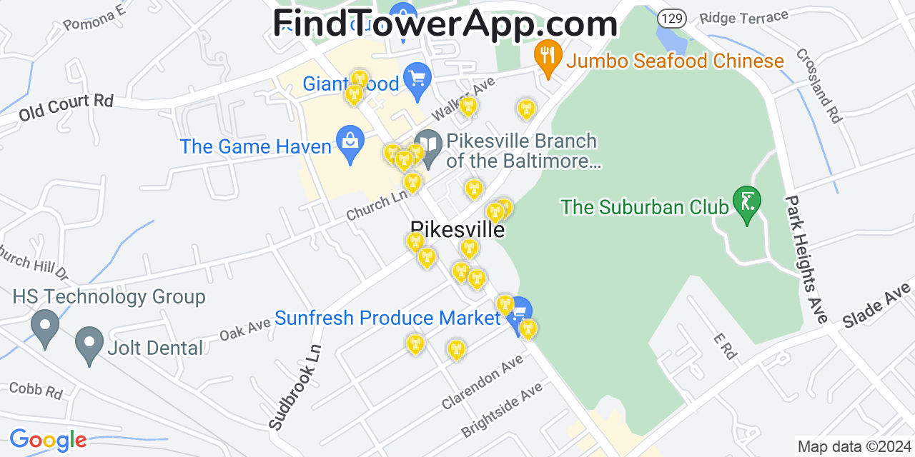 AT&T 4G/5G cell tower coverage map Pikesville, Maryland