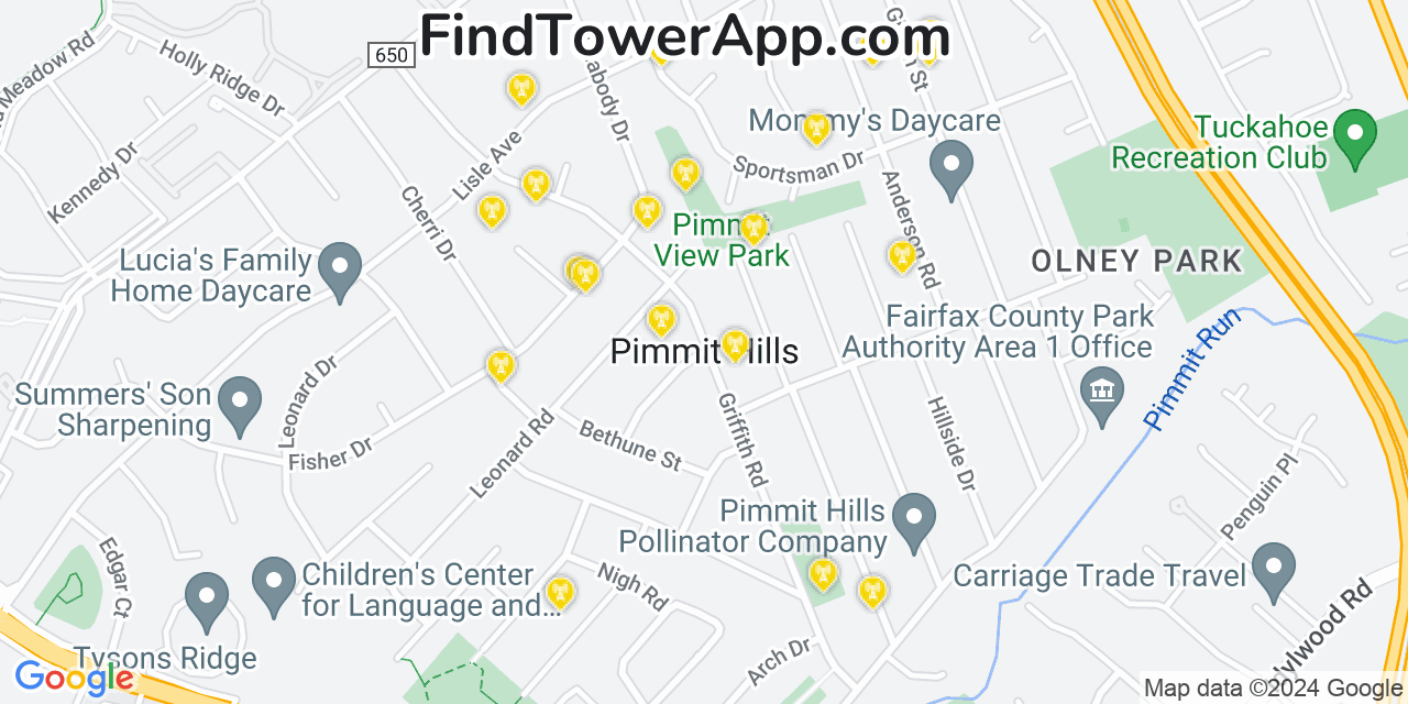 AT&T 4G/5G cell tower coverage map Pimmit Hills, Virginia