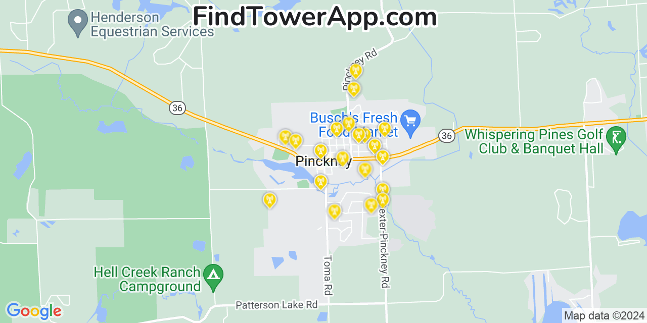 AT&T 4G/5G cell tower coverage map Pinckney, Michigan