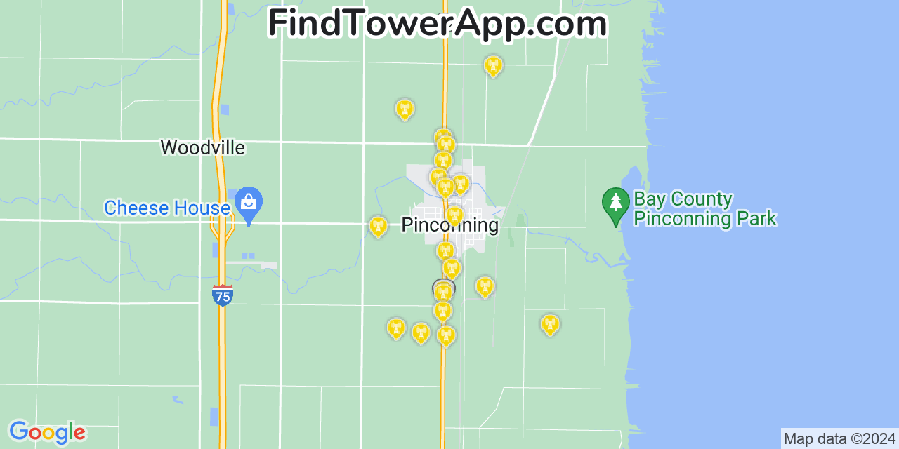 AT&T 4G/5G cell tower coverage map Pinconning, Michigan