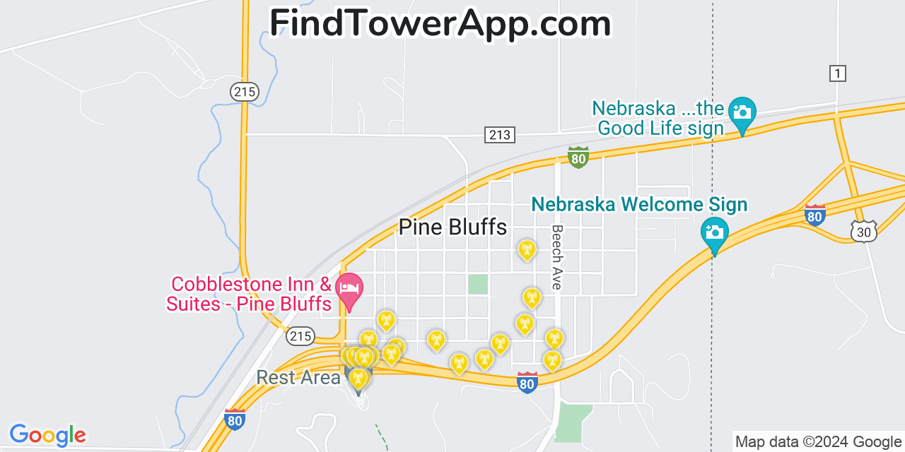 Verizon 4G/5G cell tower coverage map Pine Bluffs, Wyoming