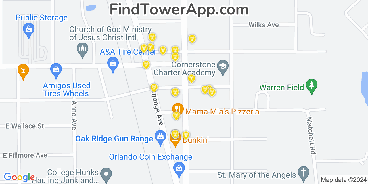 AT&T 4G/5G cell tower coverage map Pine Castle, Florida