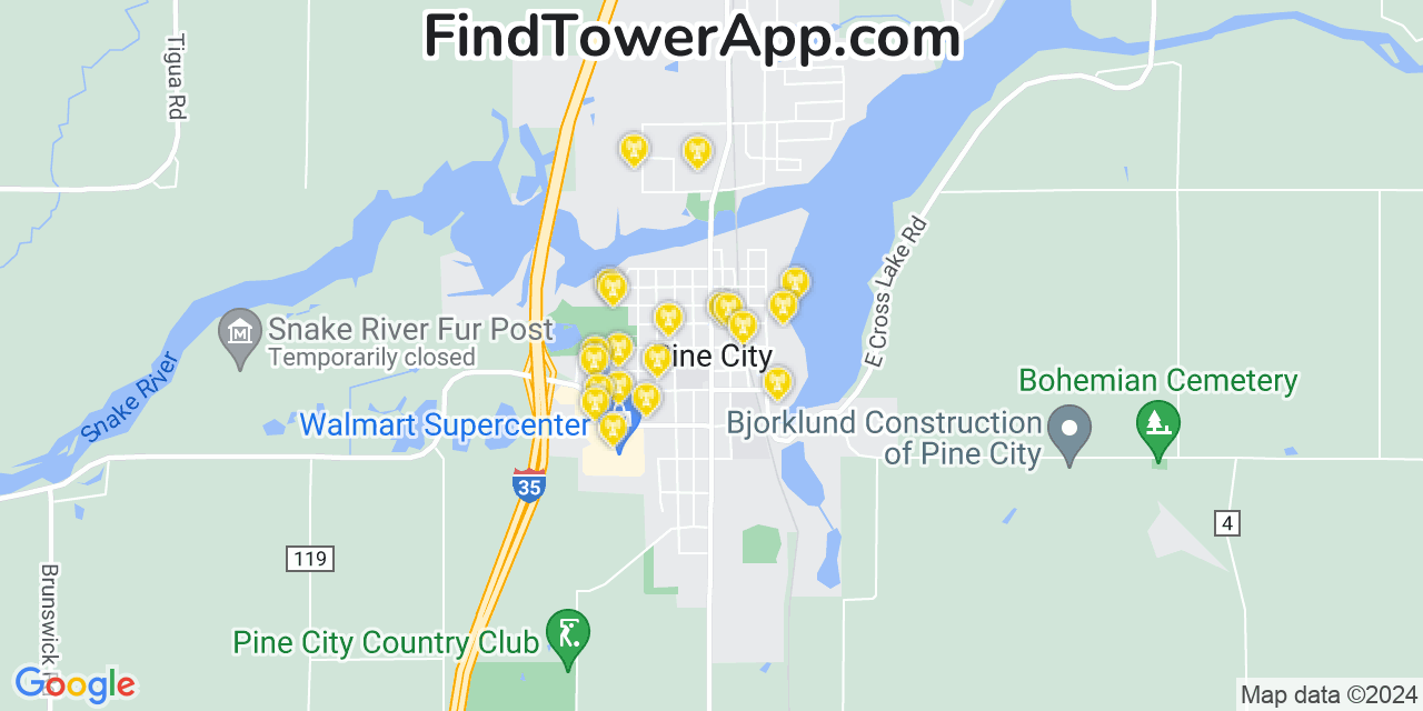 Verizon 4G/5G cell tower coverage map Pine City, Minnesota