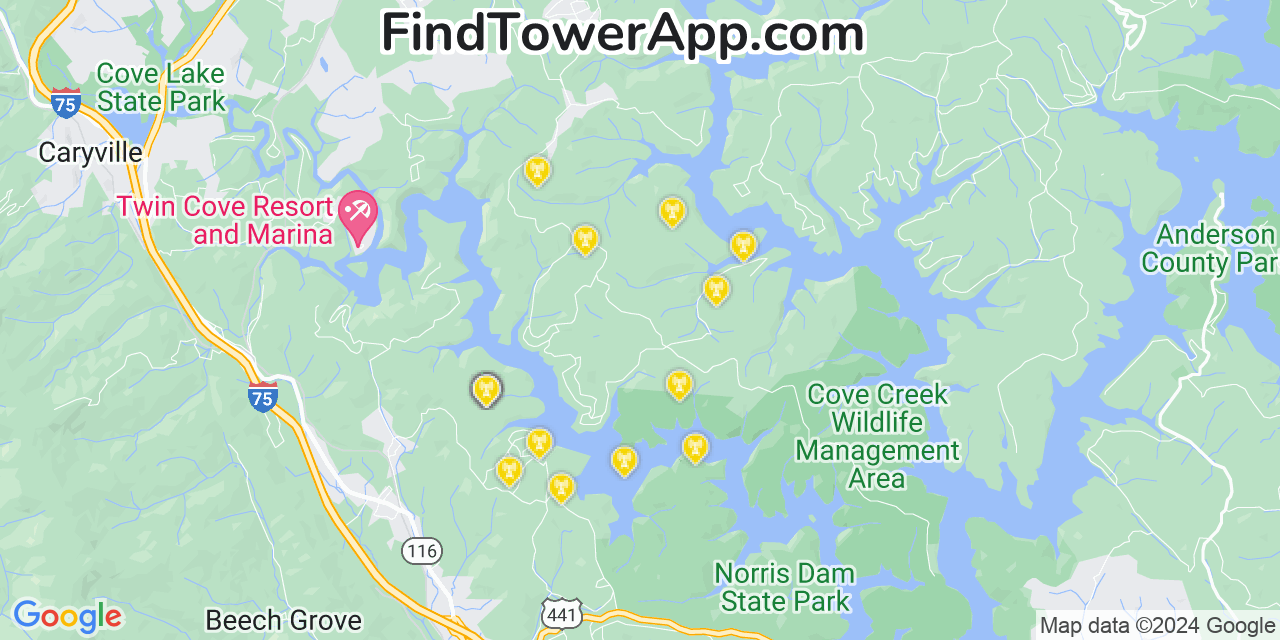 AT&T 4G/5G cell tower coverage map Pine Crest, Tennessee