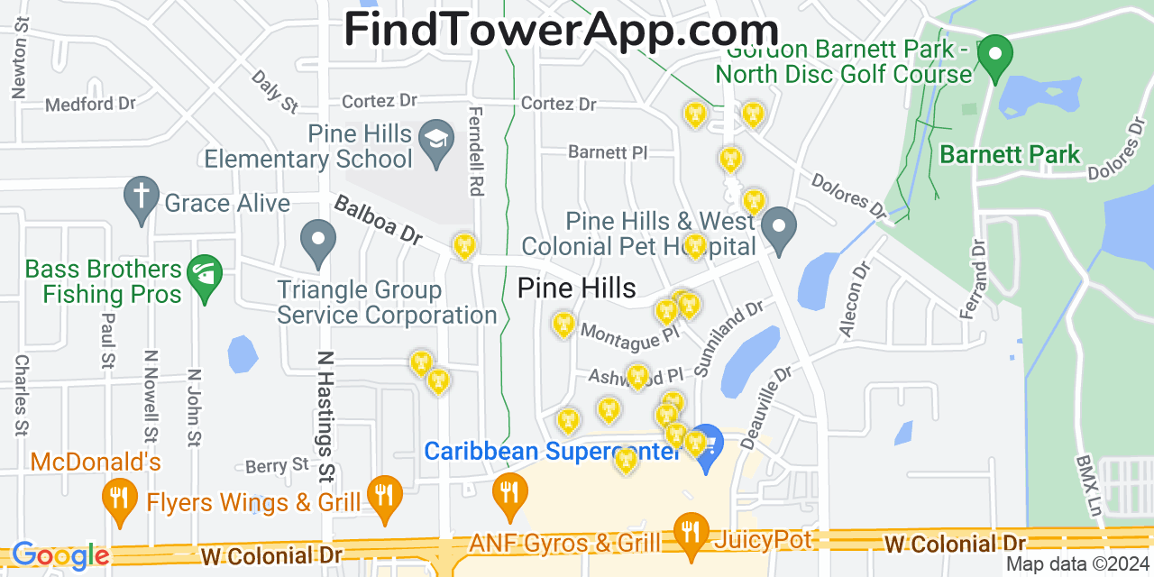 AT&T 4G/5G cell tower coverage map Pine Hills, Florida