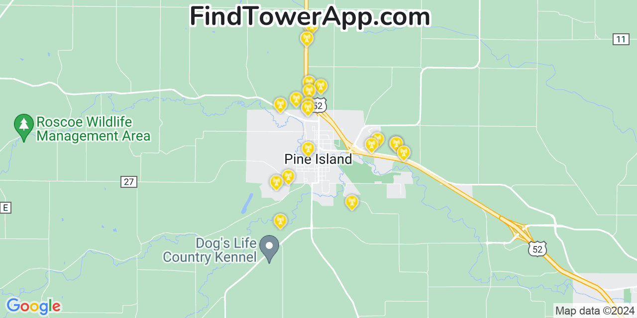 Verizon 4G/5G cell tower coverage map Pine Island, Minnesota