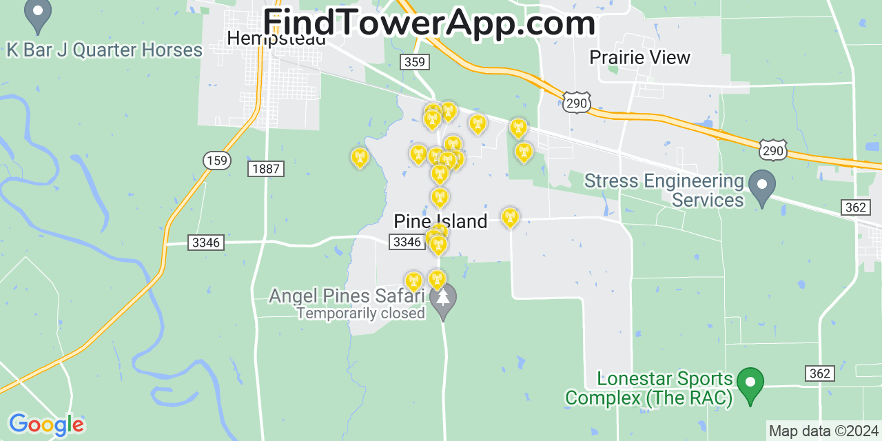 AT&T 4G/5G cell tower coverage map Pine Island, Texas