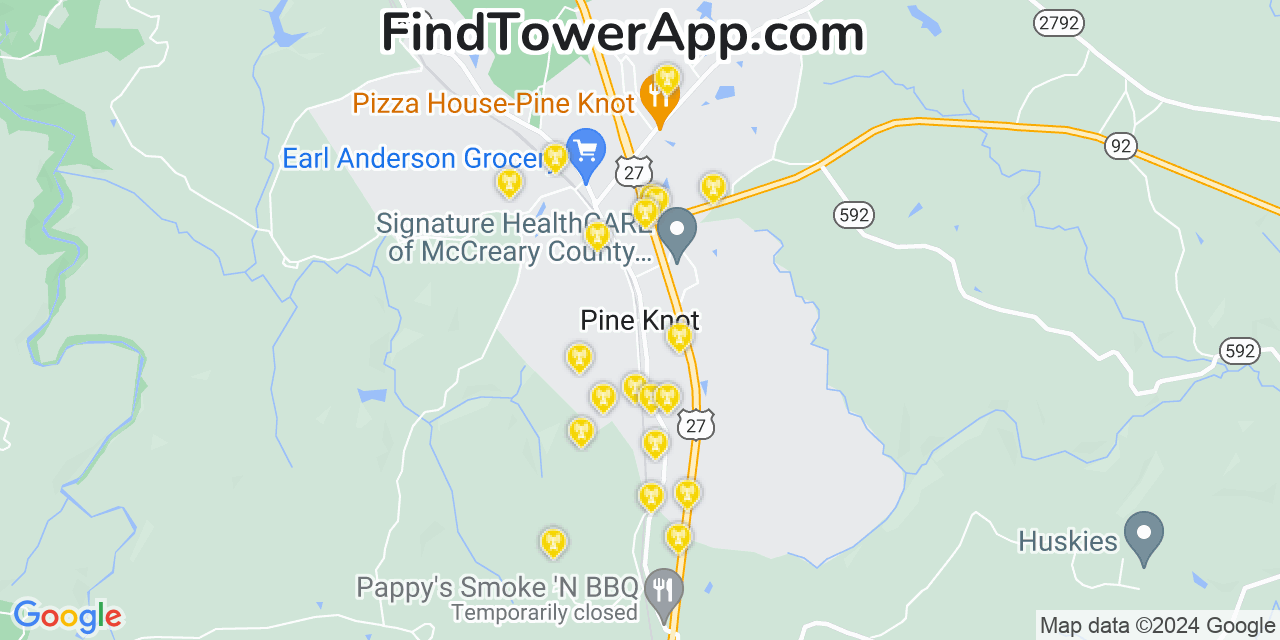 AT&T 4G/5G cell tower coverage map Pine Knot, Kentucky
