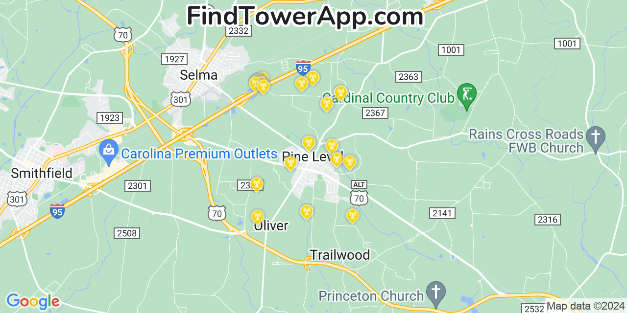AT&T 4G/5G cell tower coverage map Pine Level, North Carolina