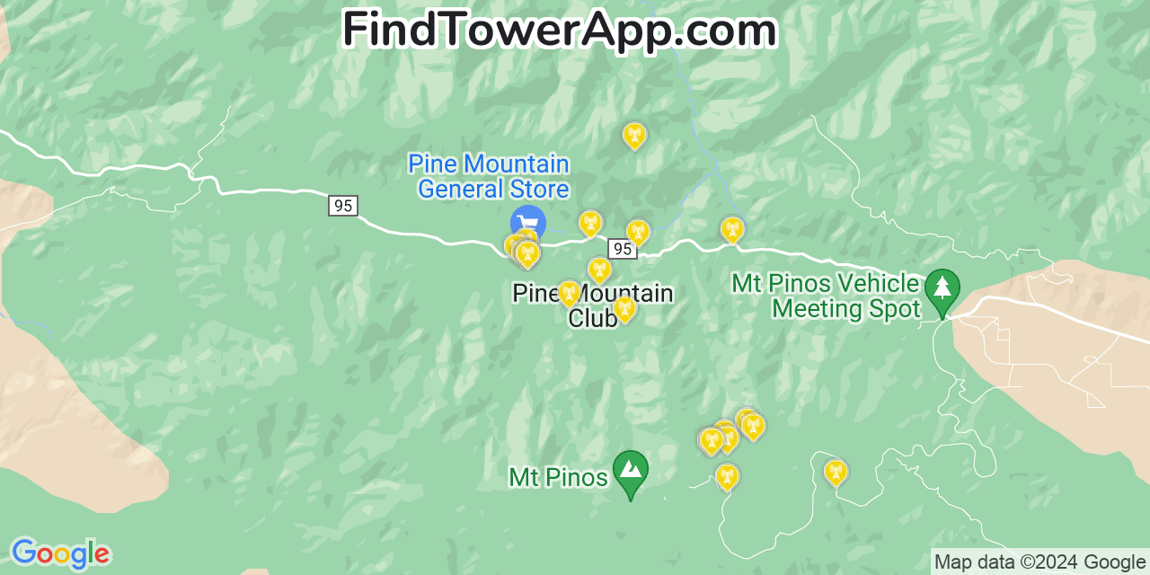 AT&T 4G/5G cell tower coverage map Pine Mountain Club, California