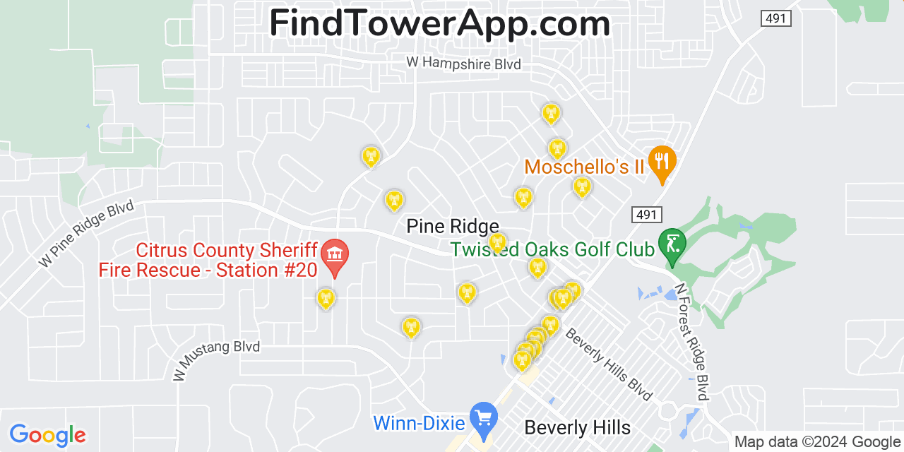 AT&T 4G/5G cell tower coverage map Pine Ridge, Florida