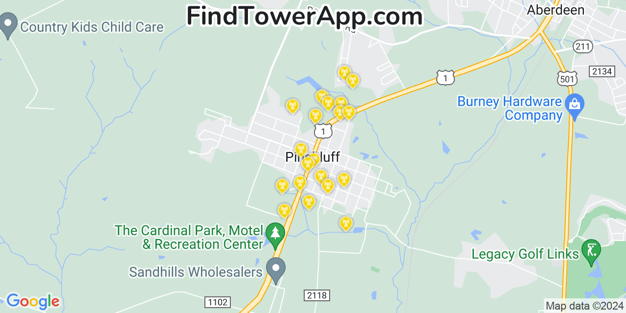 AT&T 4G/5G cell tower coverage map Pinebluff, North Carolina