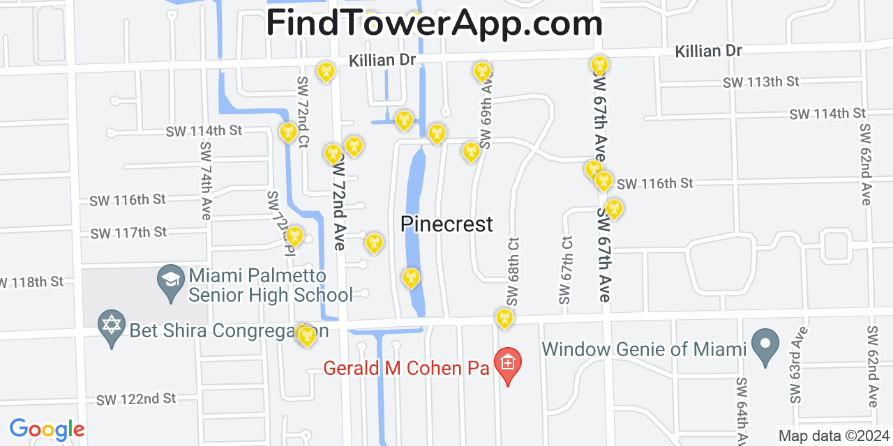 AT&T 4G/5G cell tower coverage map Pinecrest, Florida