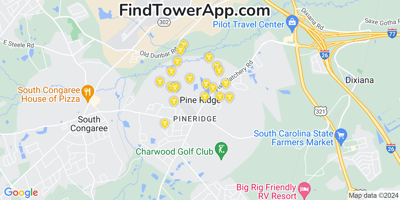 AT&T 4G/5G cell tower coverage map Pineridge, South Carolina