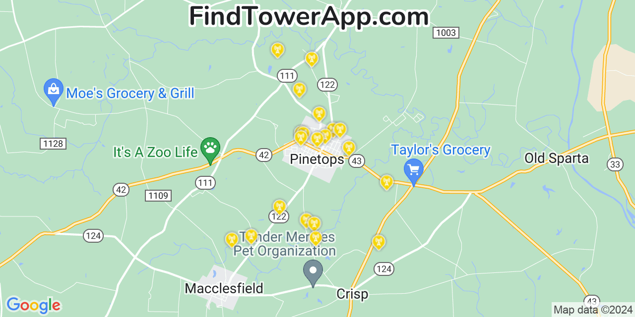 AT&T 4G/5G cell tower coverage map Pinetops, North Carolina