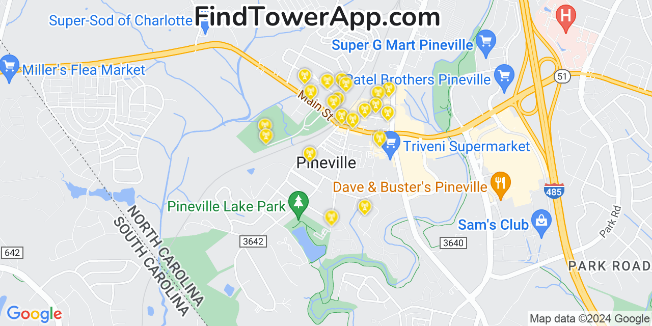 AT&T 4G/5G cell tower coverage map Pineville, North Carolina