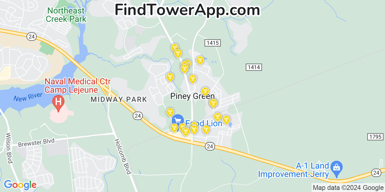 AT&T 4G/5G cell tower coverage map Piney Green, North Carolina
