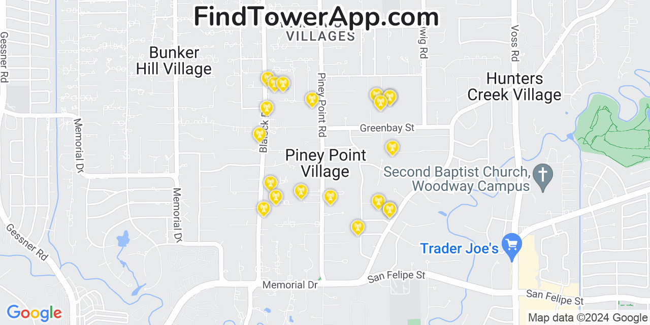 AT&T 4G/5G cell tower coverage map Piney Point Village, Texas