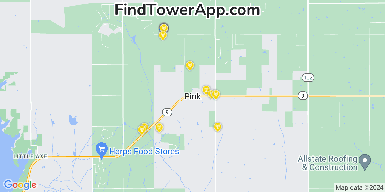 AT&T 4G/5G cell tower coverage map Pink, Oklahoma