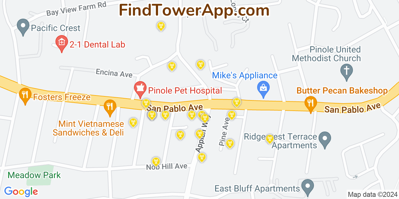 AT&T 4G/5G cell tower coverage map Pinole, California