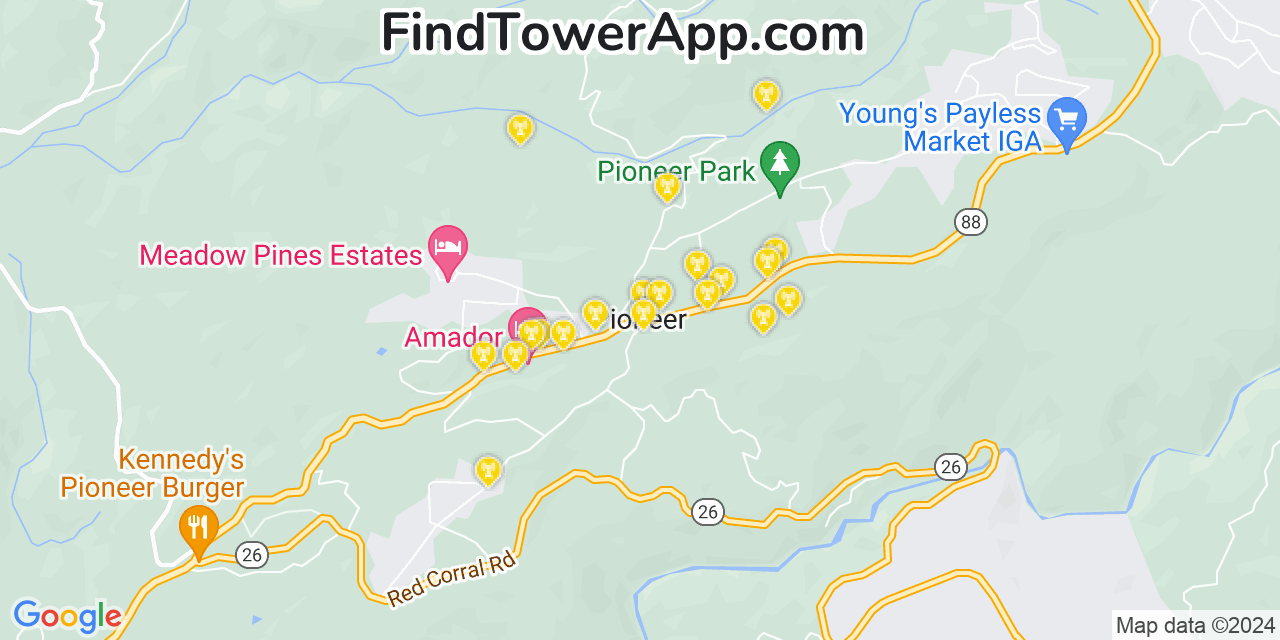 AT&T 4G/5G cell tower coverage map Pioneer, California