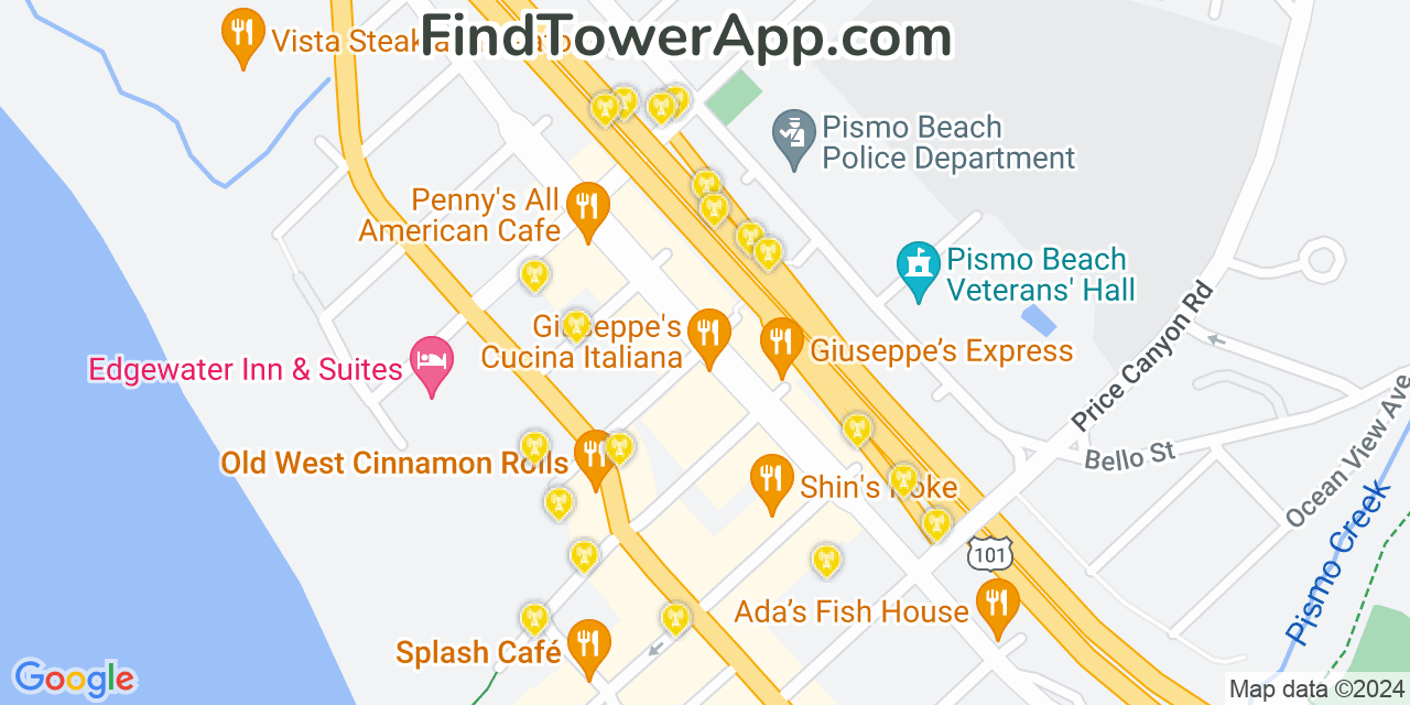 AT&T 4G/5G cell tower coverage map Pismo Beach, California