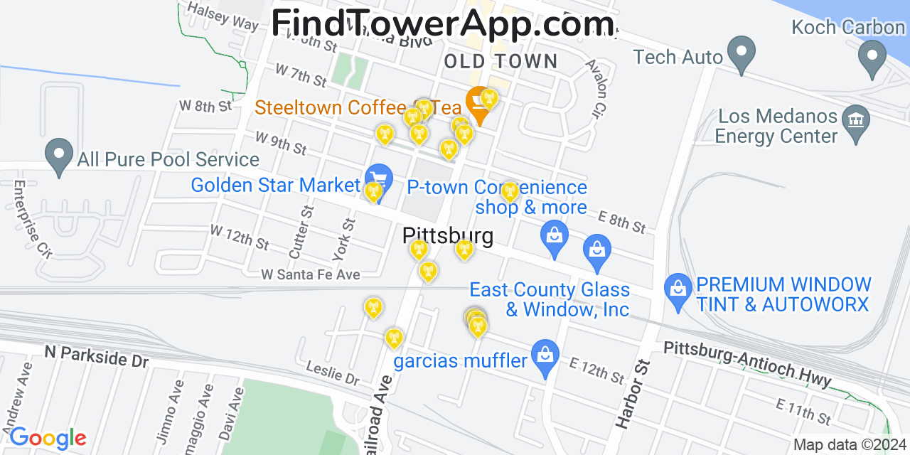 AT&T 4G/5G cell tower coverage map Pittsburg, California