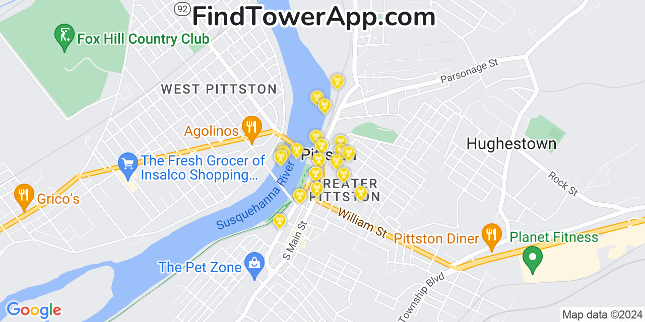 AT&T 4G/5G cell tower coverage map Pittston, Pennsylvania