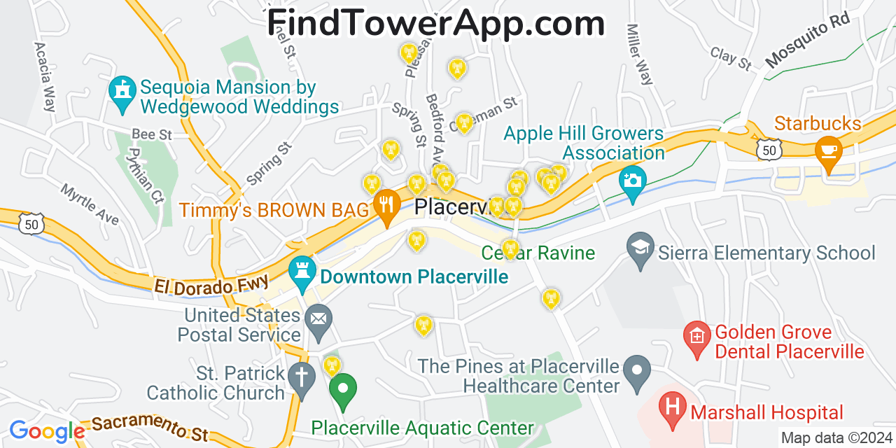 AT&T 4G/5G cell tower coverage map Placerville, California