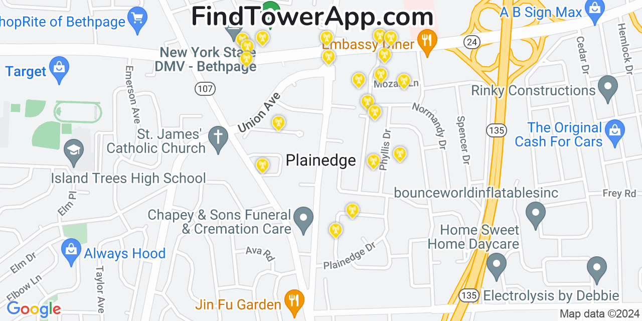 AT&T 4G/5G cell tower coverage map Plainedge, New York