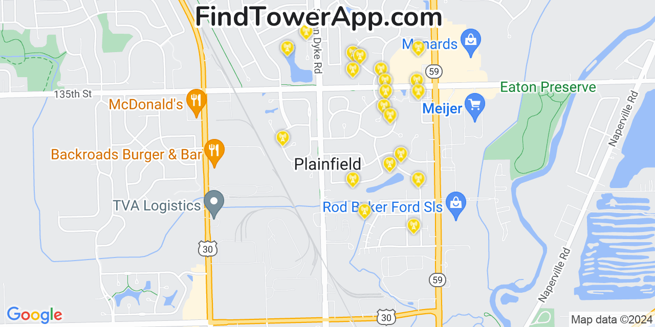 AT&T 4G/5G cell tower coverage map Plainfield, Illinois
