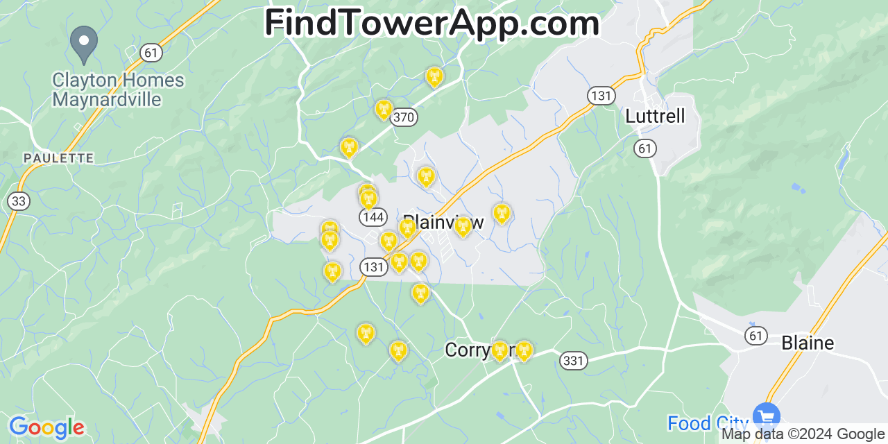 AT&T 4G/5G cell tower coverage map Plainview, Tennessee